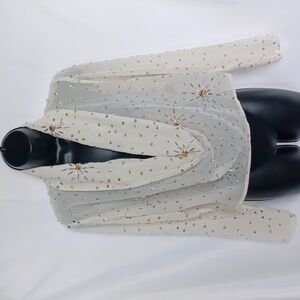 NWOT Ivory Beaded Sequined Chiffon Blouse, S, Sheer, Cream, Gold, Silver